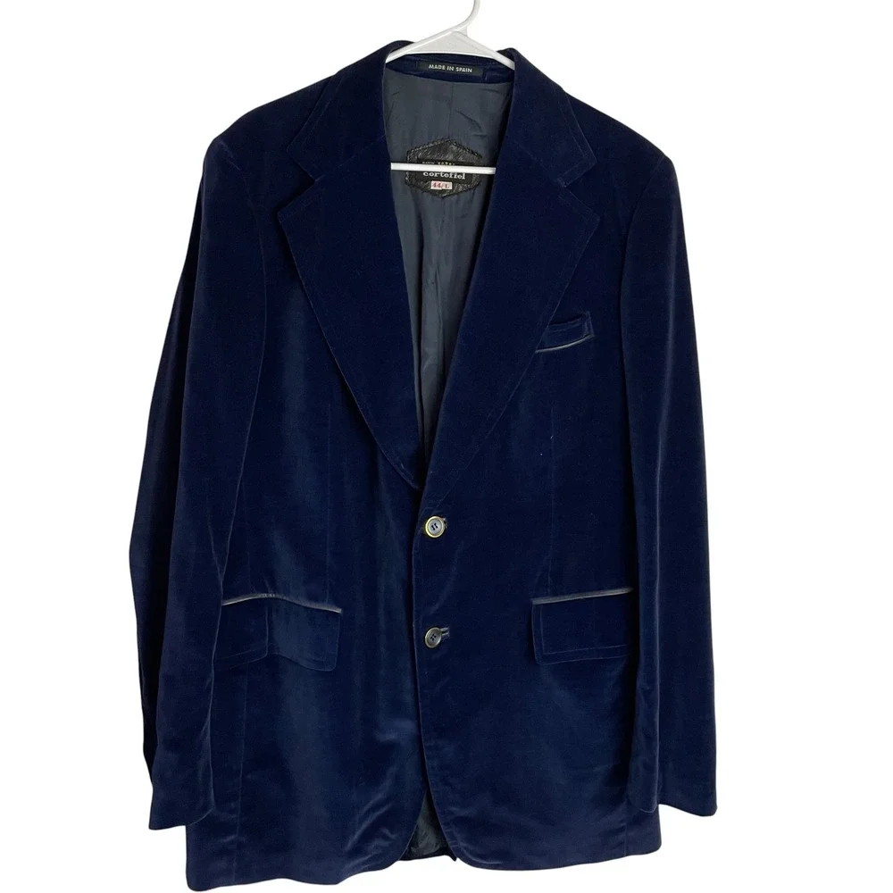Vtg Cortefiel Mens Velvet Smoking Jacket Sz 44L Blue Tailored Dinner Coat Spain
